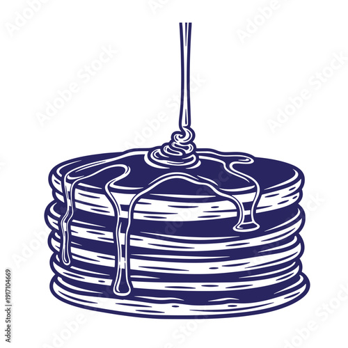 A stack of pancakes with syrup pouring on top and dripping down the sides sweet breakfast food