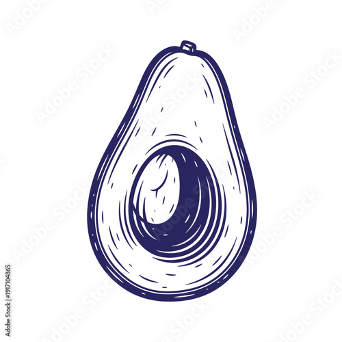 Avocado half with pit drawn in blue lines on white background