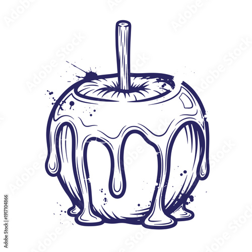 Grunge texture Illustration of a caramel apple with stick on white background Vintage Style