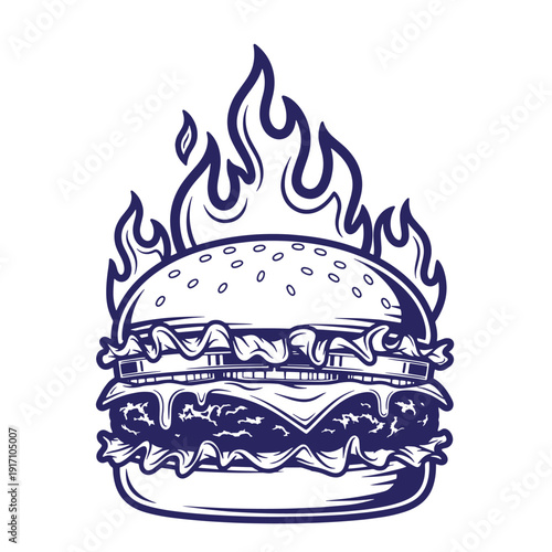 Blue illustration of a hamburger on fire with flames rising up from the bun and cheese melting