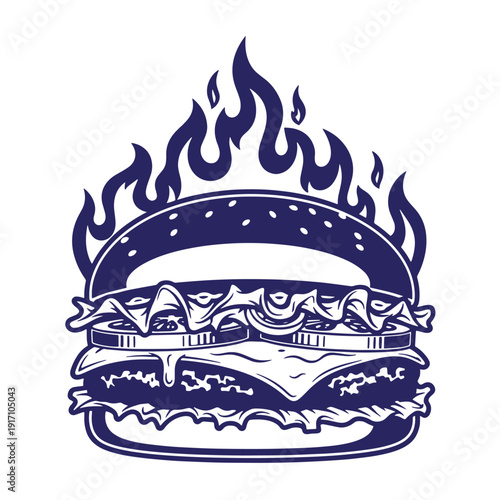Blue illustration of a hot burger with flames coming out  mouthwatering food concept