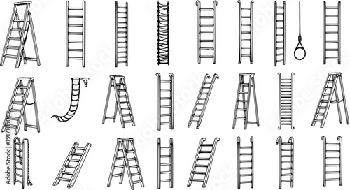 Various Types of Ladders and Ropes Hand-Drawn Sketch Illustration Set. Collection of Step, Straight, Rope, and A-Frame Ladders in Different Styles.