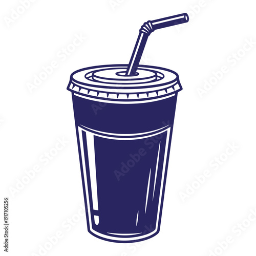 Dark blue disposable cup with straw and lid for cold drinks  take away beverage container