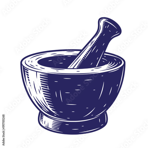 Grunge texture Mortar and pestle kitchen tool for grinding and mixing ingredients for cooking and pharmacy Vintage Style