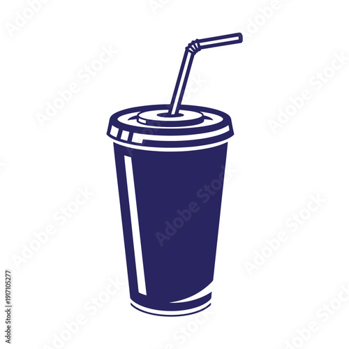 Dark blue disposable cup with straw and lid for cold drinks on white background