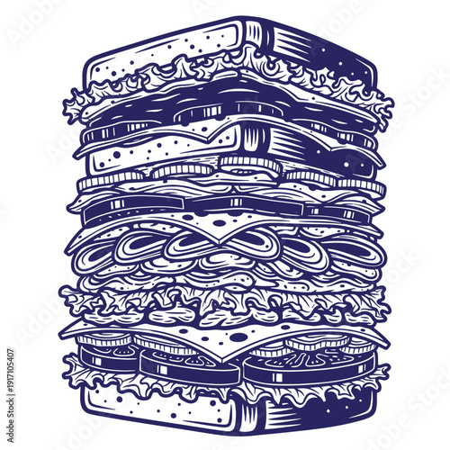 Delicious stacked burger with multiple layers of ingredients and toppings in a detailed illustration