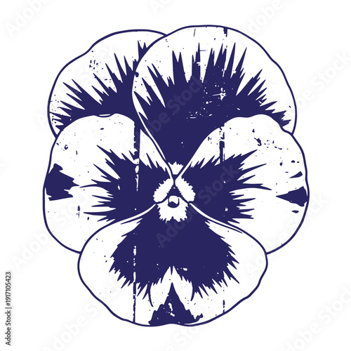 Grunge texture navy blue pansy flower illustration with white petals and grunge texture on white background Vintage Style