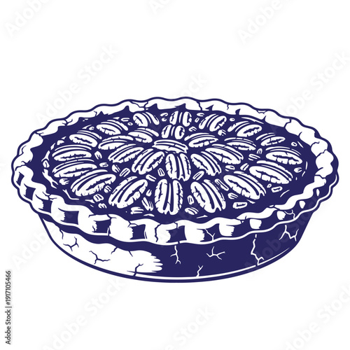 Grunge texture Pecan pie dessert with crust and nuts on top in blue and white illustration style Vintage Style