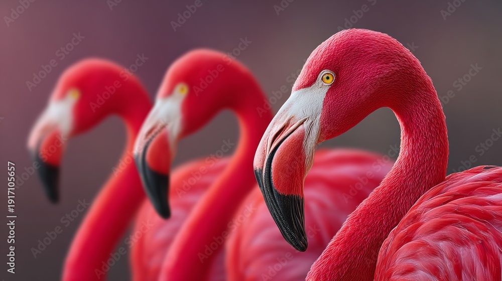 Naklejka premium Three flamingos are standing in a row, with one of them looking directly at the camera. Concept of calm and serenity, as the flamingos appear to be enjoying their surroundings