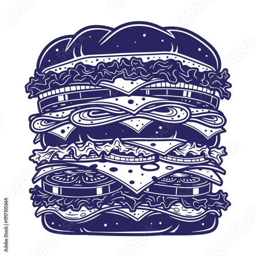 Illustration of a large hamburger with cheese lettuce tomato and condiments on a white background