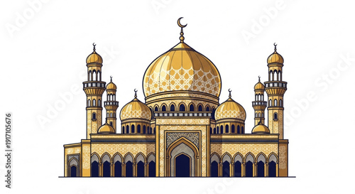 A vector graphic illustration of a mosque with a large golden dome and minarets on a white background