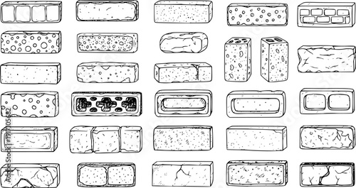Hand-Drawn Sketch Set of Construction Bricks and Concrete Blocks. Detailed line art vector collection of various building materials, including hollow, solid, and decorative bricks.