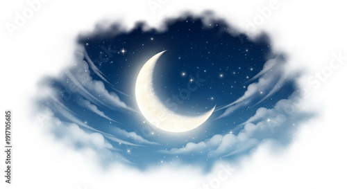 A serene crescent moon shines brightly in a starry night sky with soft clouds