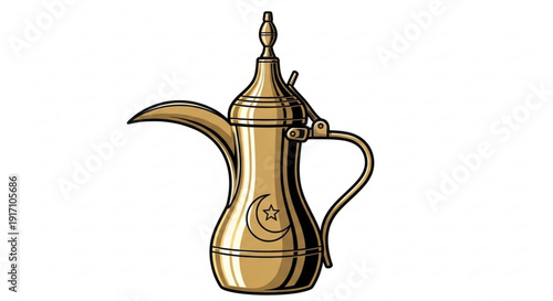 A vector graphic illustration of a traditional Arabic coffee pot with a golden finish and crescent moon design