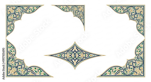 A decorative Islamic border design with intricate floral patterns and geometric shapes in blue and gold colors