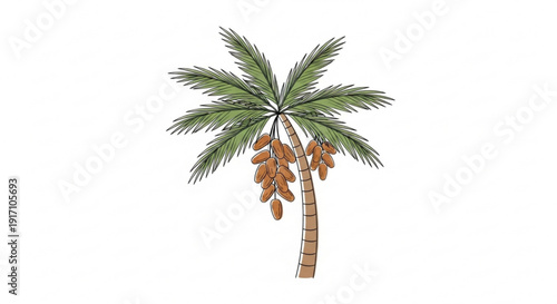 A minimalist vector illustration of a palm tree with green leaves and brown fruits on a white background