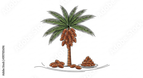 A vector illustration of a palm tree with dates and a plate of dates on a simple background