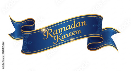 A blue and gold Ramadan Kareem banner on a white background