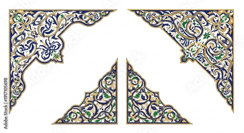 A set of four colorful ornamental corner designs with intricate floral patterns and swirling shapes in blue, green, gold, and white.