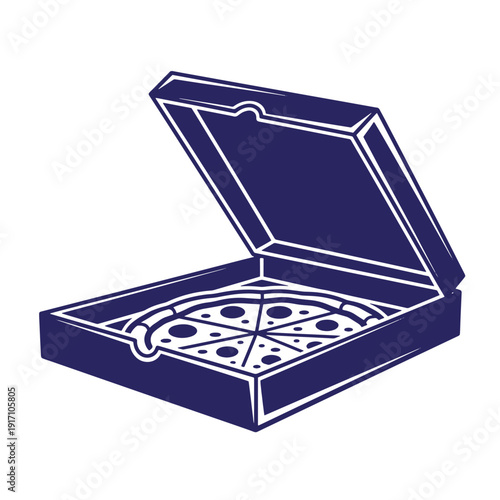 Illustration of a pizza in an open cardboard box with a slice missing