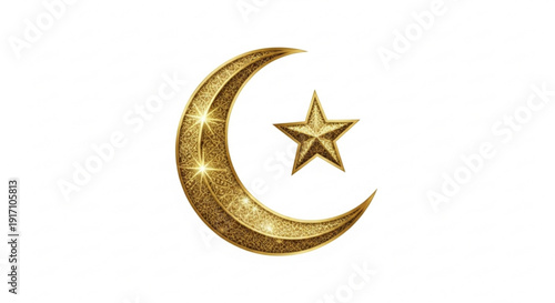 A gold crescent moon and star symbol on a white background
