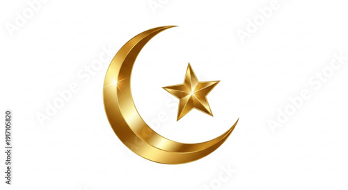 A golden crescent moon and star symbol in a minimalist design style