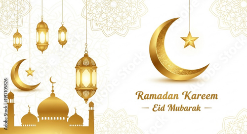 A gold vector graphic illustration of a mosque with lanterns and crescent moons for Ramadan Kareem and Eid Mubarak