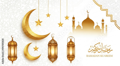A vector graphic illustration of Ramadan Kareem decorations featuring crescent moons, stars, lanterns, and mosque silhouettes in gold.