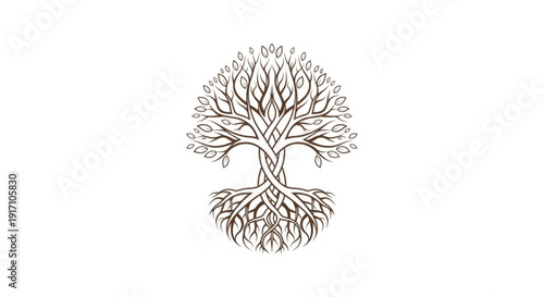 A minimalist vector illustration of a tree with intertwined roots and branches on a white background