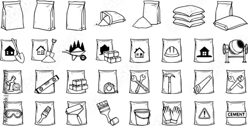 Construction Doodle Set: Hand-Drawn Building Material and Tools Vector Illustration