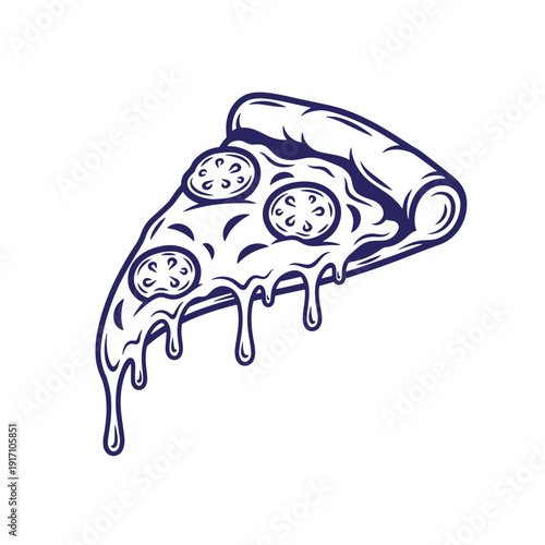 Illustration of a slice of melting cheese pizza with toppings on white background  delicious food