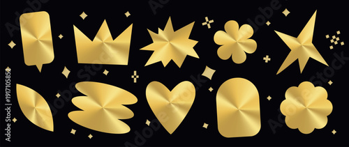 Gold holographic sticker pack. Crown, stars, heart, sparkle shapes. Shiny foil metallic gradients. Y2k inspired label design for social media, digital messages, scrapbooking. Vector elements on black