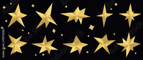 Gold irregular star gradients set. Glossy metallic shine, smooth foil texture, luxury design vector elements. Abstract golden star shapes for cool festive designs, awards, premium digital projects