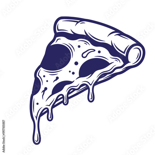 Illustration of a slice of melting cheese pizza with toppings on white background