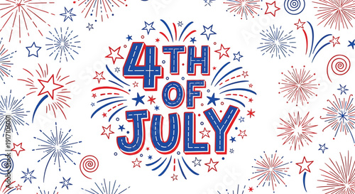 Patriotic 4th of July icon collection. Includes fireworks, stars, and celebration symbols. Created in colorful vector style with red, white, and blue palette.