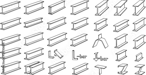 Collection of various structural steel profiles and beams, including I-beams, H-beams, channel sections, and L-bars, essential for engineering and construction projects.