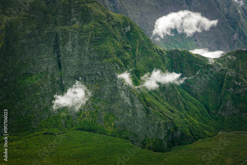 Scenic cloudy landscape from Belvédère du Nez de Boeuf, Reunion Island, France
