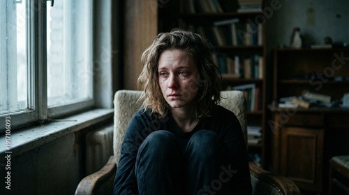Young adult sitting alone expressing depression and emotional pain