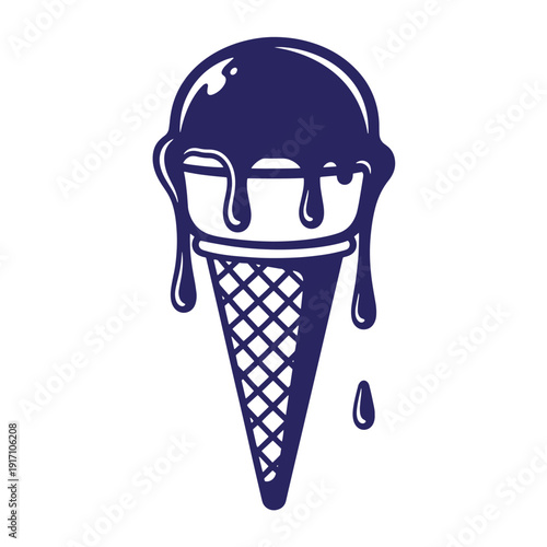 Melting ice cream cone with dripping scoop on top of a waffle cone sweet treat