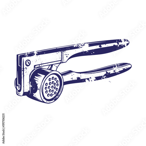 Grunge texture Vintage style illustration of a garlic press kitchen tool for crushing garlic cloves Vintage Style
