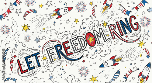 Patriotic 4th of July icon collection. Includes rockets, stars, flags, fireworks. Created in colorful illustration style with red, white and blue palette.