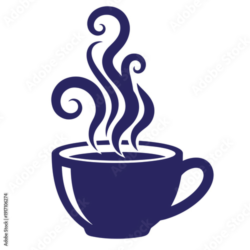 Navy blue coffee cup with steam rising  hot beverage icon