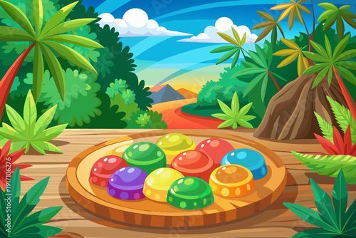 Medical hemp CBD infused rainbow gummy candy placed on wooden table in natural hemp garden vibrant colors wellness concept soft daylight