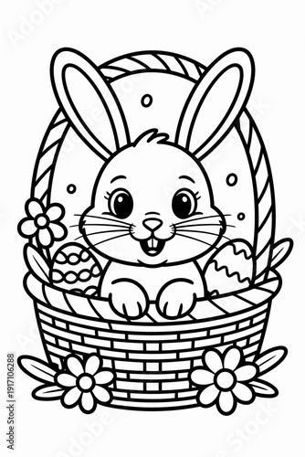 A charming cartoon bunny is nestled inside an Easter basket, surrounded by decorated eggs and flowers.