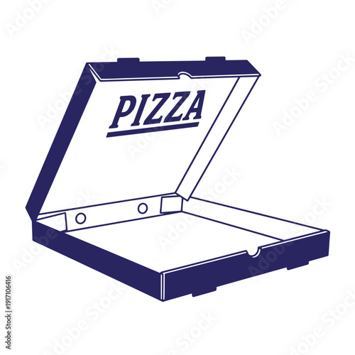 open pizza box with pizza written on the inside lid in dark blue color on white background