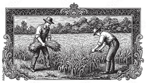 Farmer harvesting crops engraving, traditional agriculture etching
