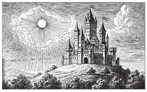 Grand medieval castle on hill engraving, detailed classic storybook etching