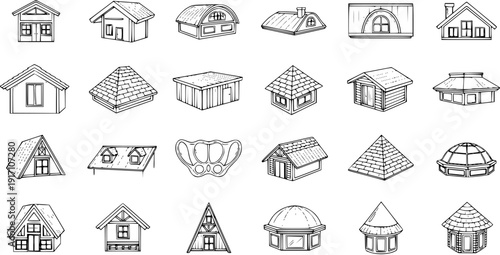 Diverse Hand-Drawn House and Building Types Collection. Vector Line Art Illustrations of Various Architectural Styles, Roof Shapes, and Structures.