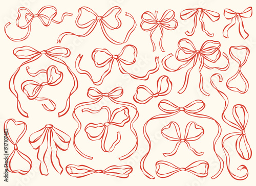 Whimsical bow and ribbon illustration collection in hand-drawn ink sketch style. Cute decorative bows and flowing ribbons for romantic, vintage, and aesthetic design projects.