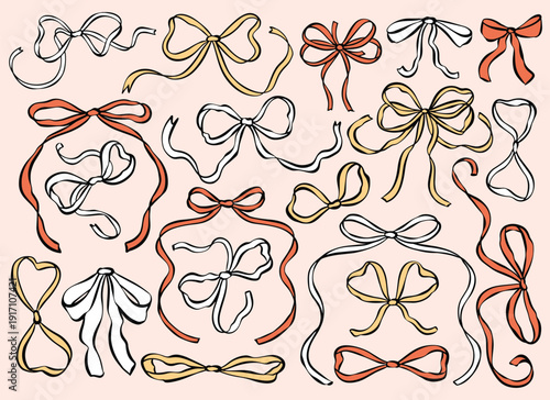 Whimsical bow and ribbon illustration collection in hand-drawn ink sketch style. Cute decorative bows and flowing ribbons for romantic, vintage, and aesthetic design projects.